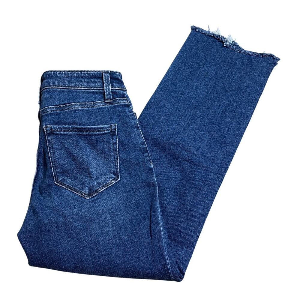 VERVET by Flying Monkey High Rise Straight Leg Raw Hem Crop Jeans Dark Wash